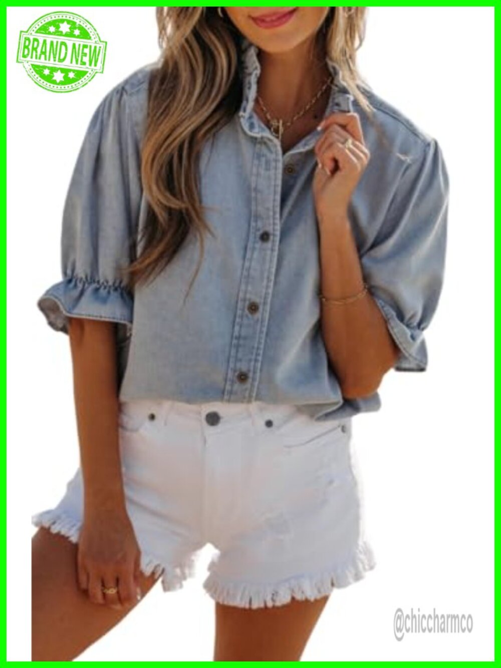 Women's Ruffle Chambray Button Down Tunic Short Sleeve Cotton Blend Top